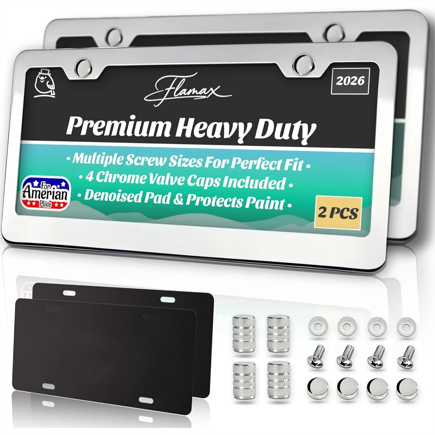 

Chrome License Plate Frame with Anti-Scratch Pads & Tire Valve Caps, Heavy Duty Stainless Steel, Universal 2 Holes Fit for Cars