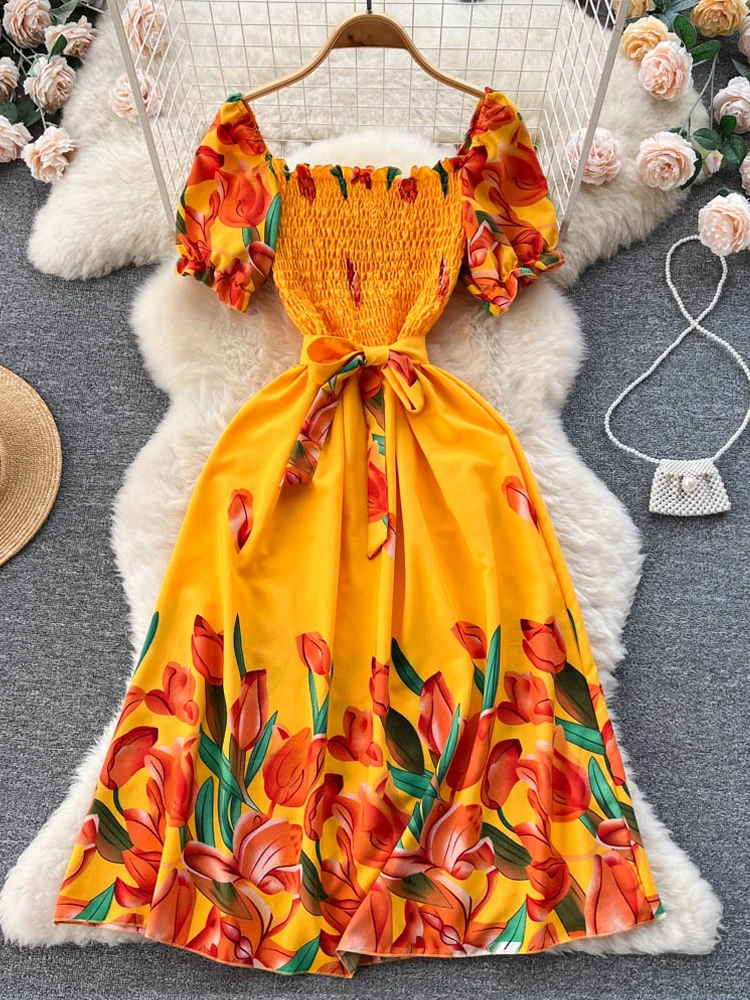 YuooMuoo Limited Big Sales Women Dress Vintage Print Flowers Sash Bandage Long Summer Dress Elegant Y2K Korean Party Vestido