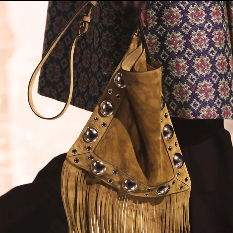 Vintage Faux Suede Messenger Bags For Women Luxury Designer Handbag Purses 2024 New In Rivet Trim Tassel Small Underarm Shoulder