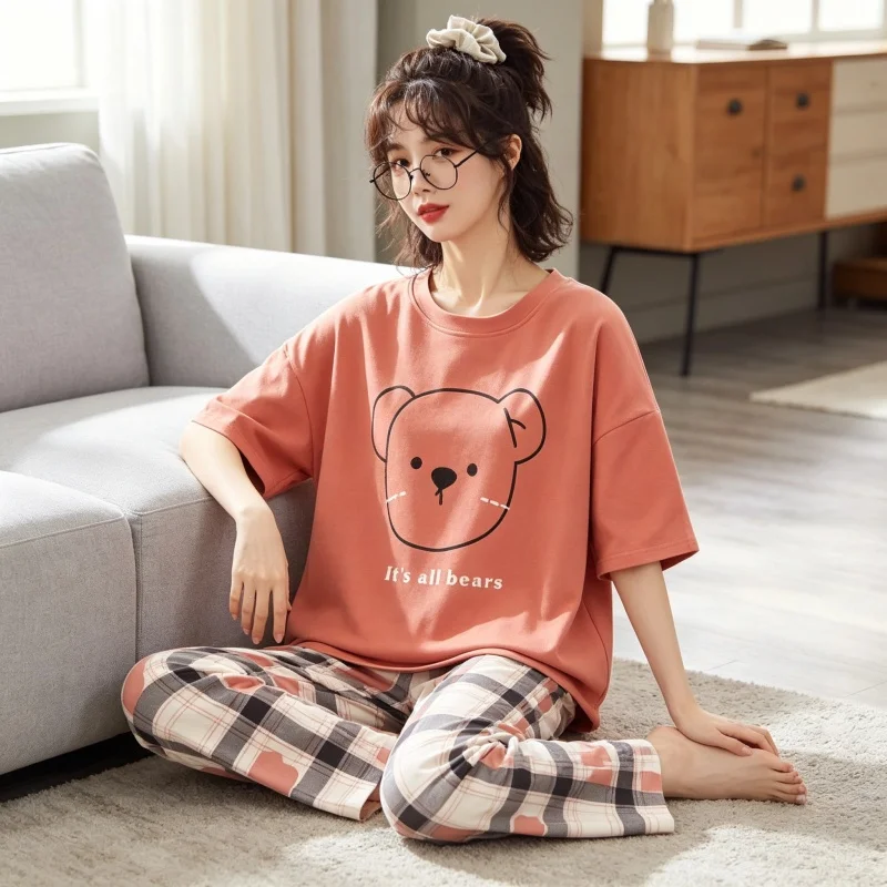Women Bear Print Loungewear Set, Short Sleeve Top and Plaid Pants, Cute Casual Home Wear