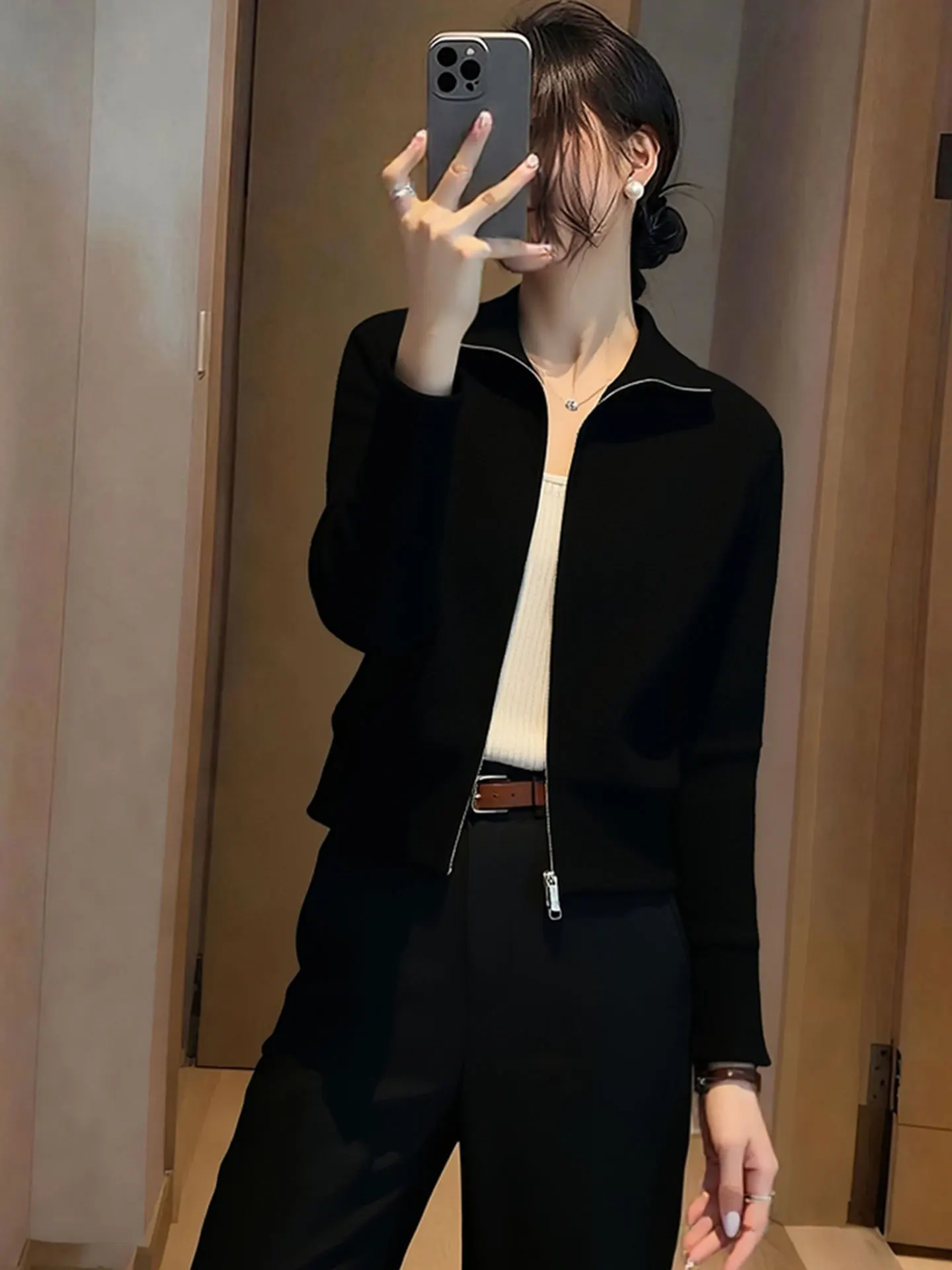 

Korean Sle Long Sve Camere Zipper Knitted Open Cardigan Winter Casual Commute Versatile Outerwear Sweater Top