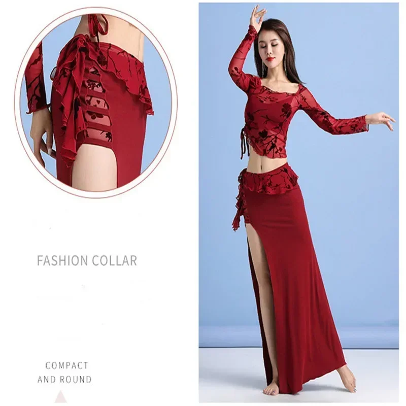 2020 Winter Cheap Bellydance Practice Costume Lady's 2 Piece Performance Outfit Floral Long Sleeve Blouse Sey Side Slit Skirt L