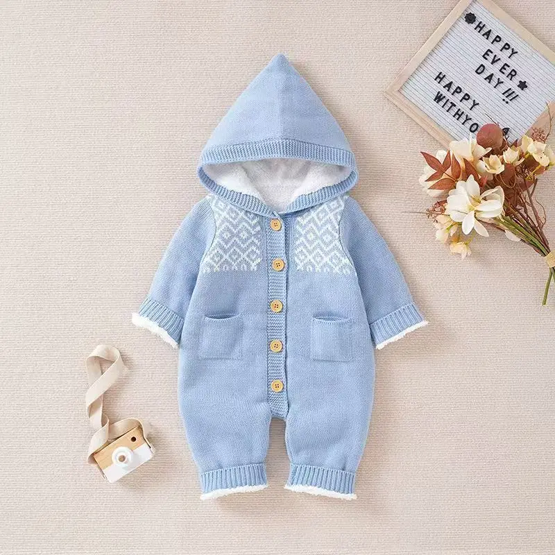 Spring Cartoon Cute Pocket Long Sleeve Baby Romper Hooded Fashion Button  Newborn Baby Clothes Thickening Street Wear Tops