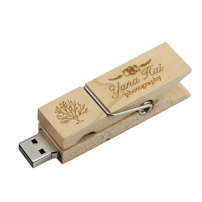 Free Custom Logo Wooden Clip Model Pendrive 4GB16GB 32GB 64GB Wood USB Flash Drive Memory Stick Usb