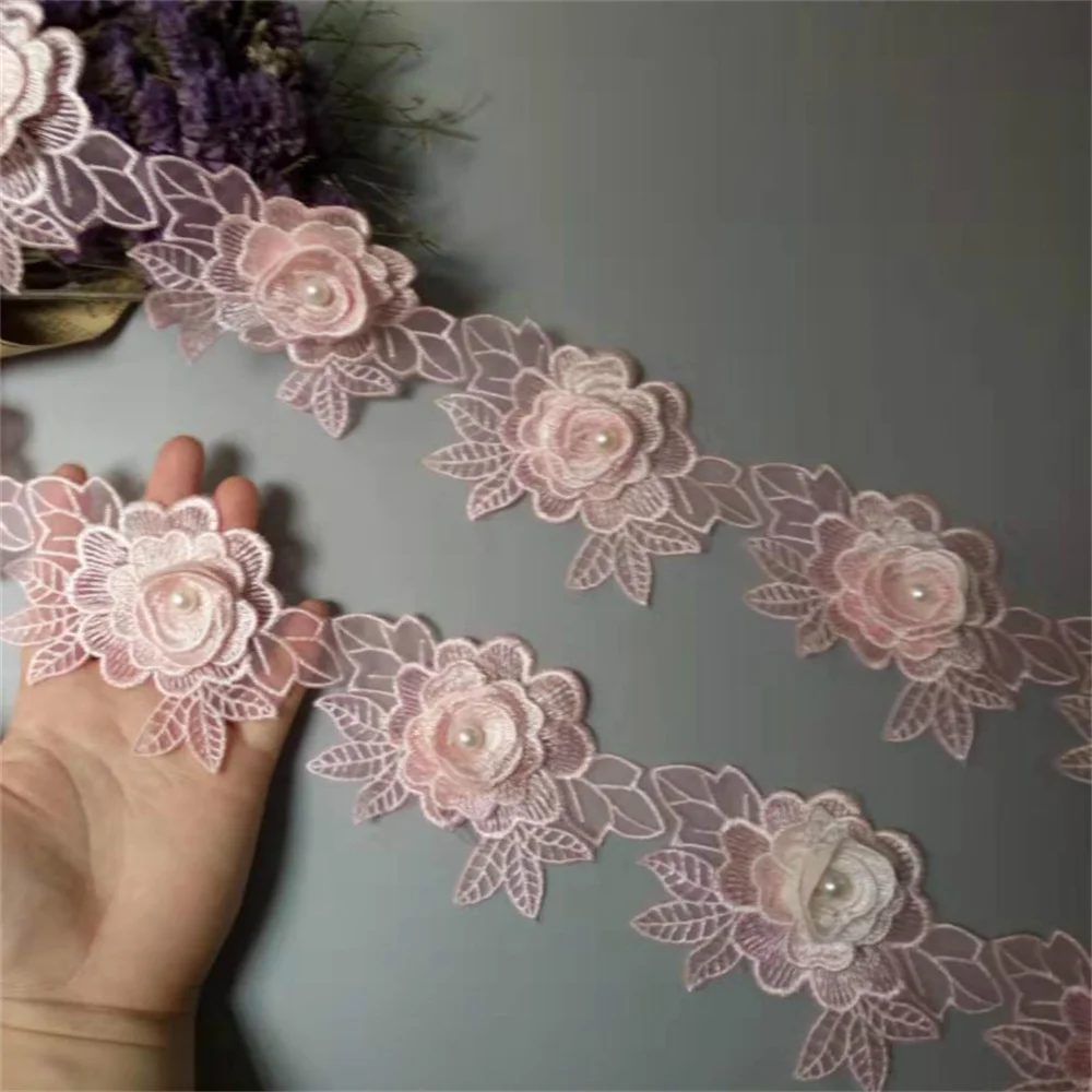 

3 yard Pink Polyester Rose Flower Handmade Embroidered Fabric Lace Trim Applique Ribbon DIY Sewing Craft Decoration 11.3cm