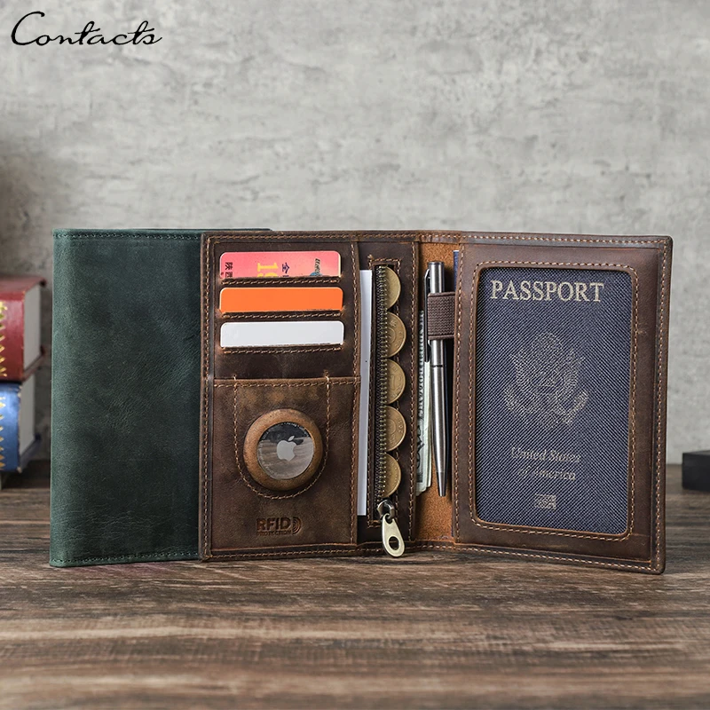 

CONTACT'S Genuine Leather Travel Wallet with Passport Holder RFID Blocking Card Holder Anti-lost Purse Men's Wallet