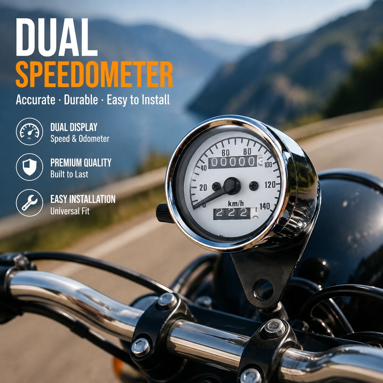 Motorcycle Retro Mechanical Speedometer 0-140KM/H Resettable Dual Odometer Chrome Kilometer Gauge Motorbike Modification Parts