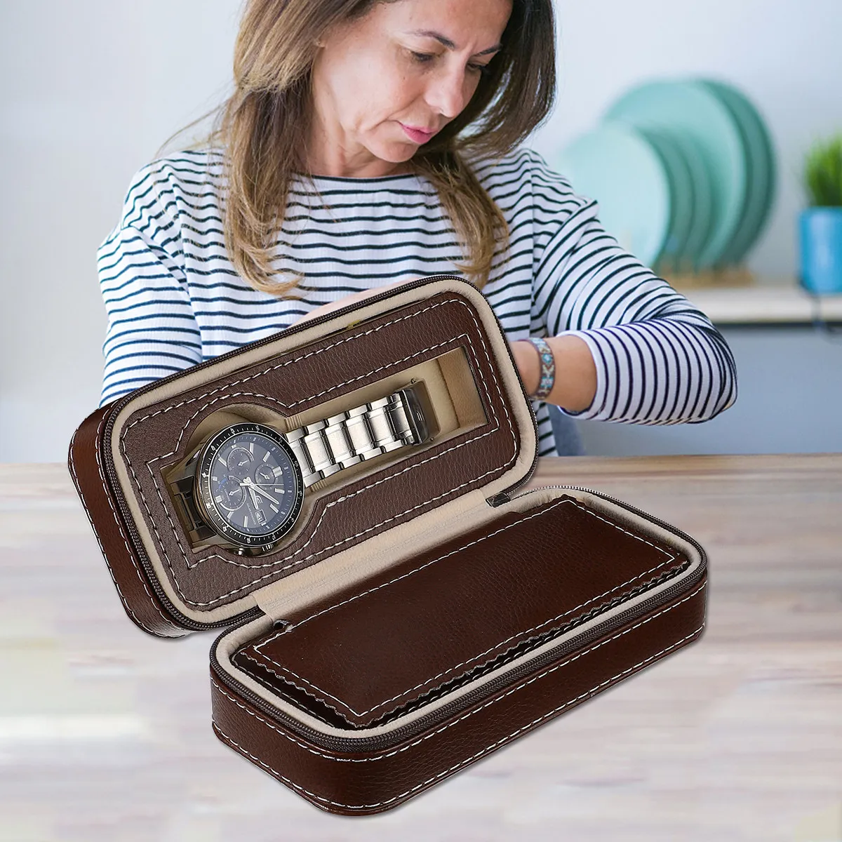 

1Pcs Vintage Box Premium Natural Material Two-Slot Watch Storage Organizer for Display Gift Packaging Home Decor
