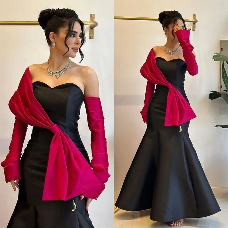 Black And Fuchsia Mermaid Prom Dresses Remove Sleeve Single Shoulder Formal Evening Gown Floor Length Bow Birthday Party Gowns