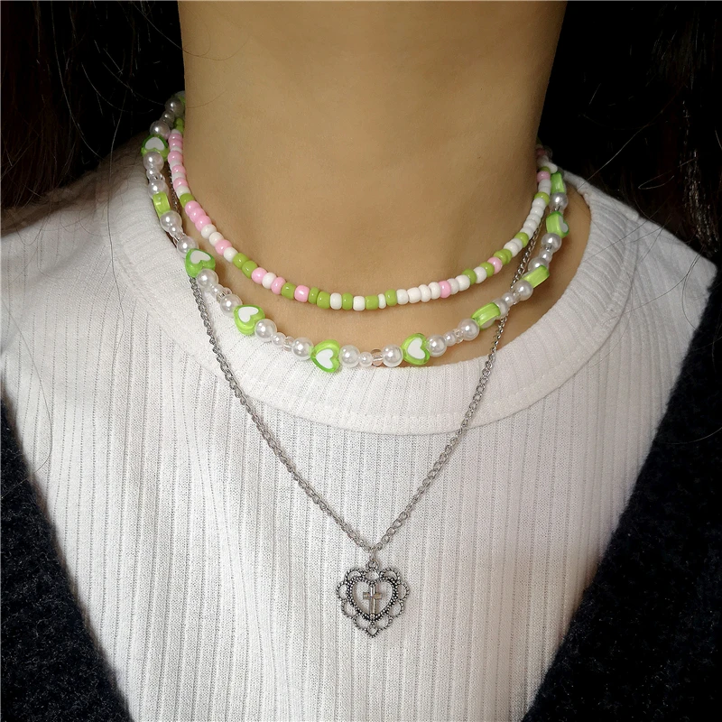 Korean Trendy Retro Cute Pink Green Pearl Peach Heart Necklace For Female Girl Party EMO Grunge Y2K Harajuku Jewelry Accessory