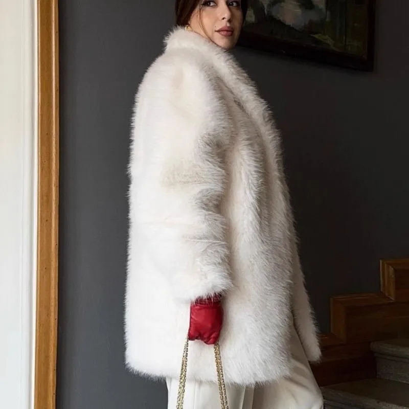 

Куртки из искусственного меха с отложным воротником, пальто 2025 года, ретро, осень-зима, утепленная теплая меховая пушистая розовая однотонная длинная куртка, верхняя одежда