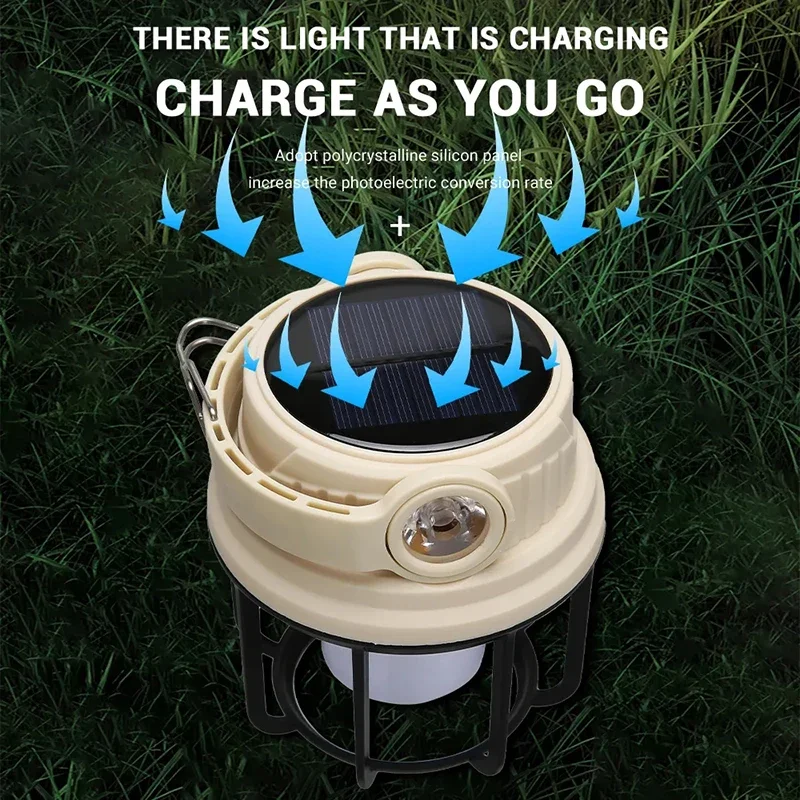 Multifunctional LED Solar Camping Lamp USB Rechargeable flashlight Lantern Outdoor Portable Power Source with Side Lamp Hooks