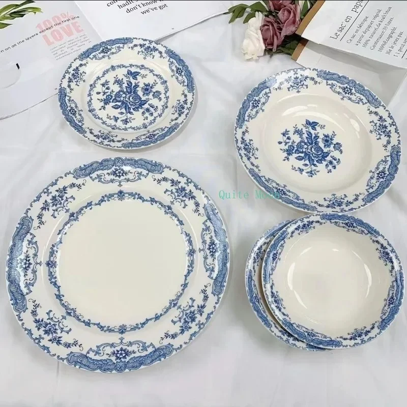 

Vintage Blue and White Rose Series Ceramic Dining Plate Bowl Exquisite Fragmented Flower Under Glaze Color Tableware Plate Sets.