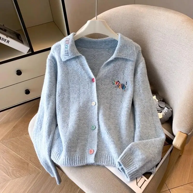 

Cartoon Women's Sweater Girl Winter Pullover Dog Embroidered Round Neck Autumn New Design Light Sweaters Cardigan Christmas Knit