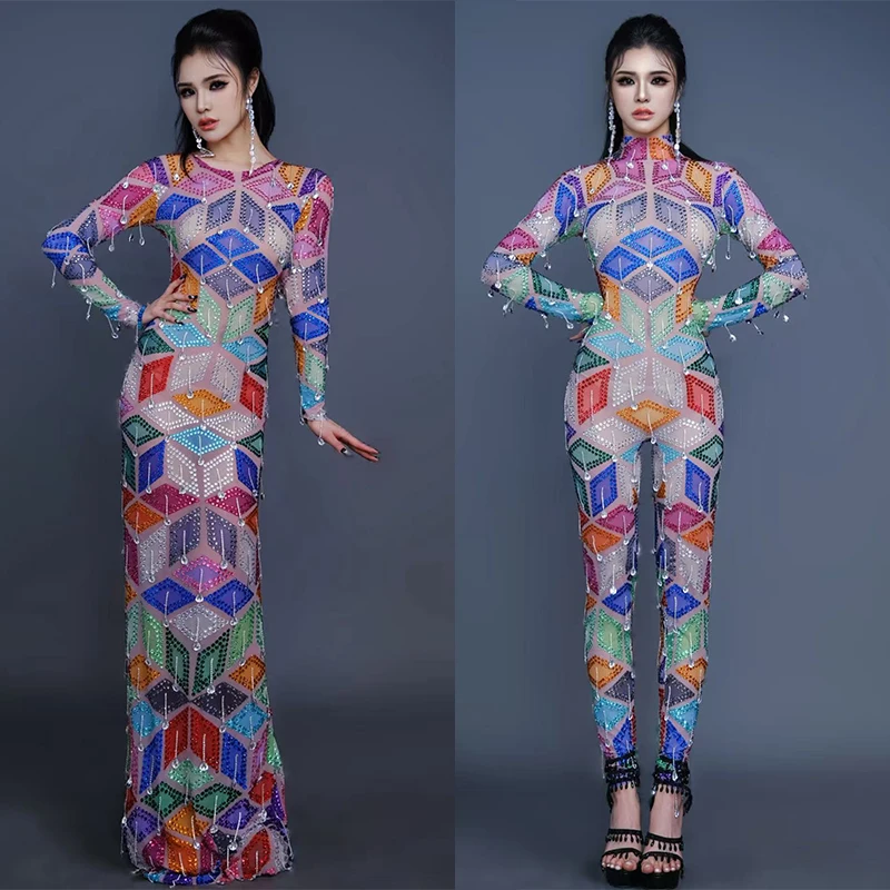 مثير منظور شبكة الماس فستان فريق أداء المرحلة زي ملهى ليلي بار Dj المغني جوجو ملابس الراقصات الحفلات DN21083