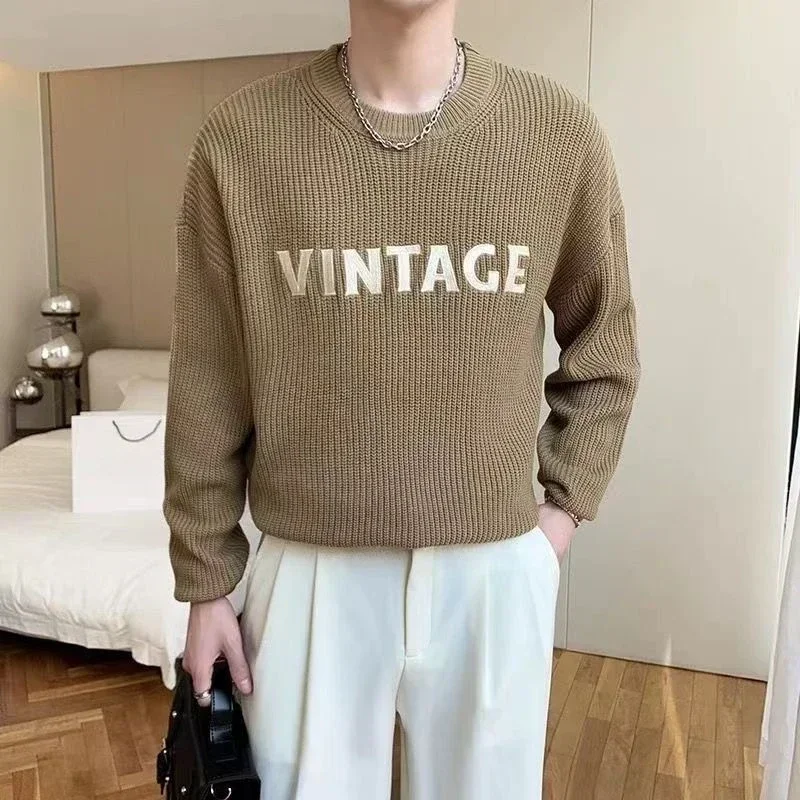 

Men's Clothing Letter Embroidery Knit Sweater Male Pullovers Green No Hoodie A Maletry Wool Korean Fashion Autumn Clothes New In