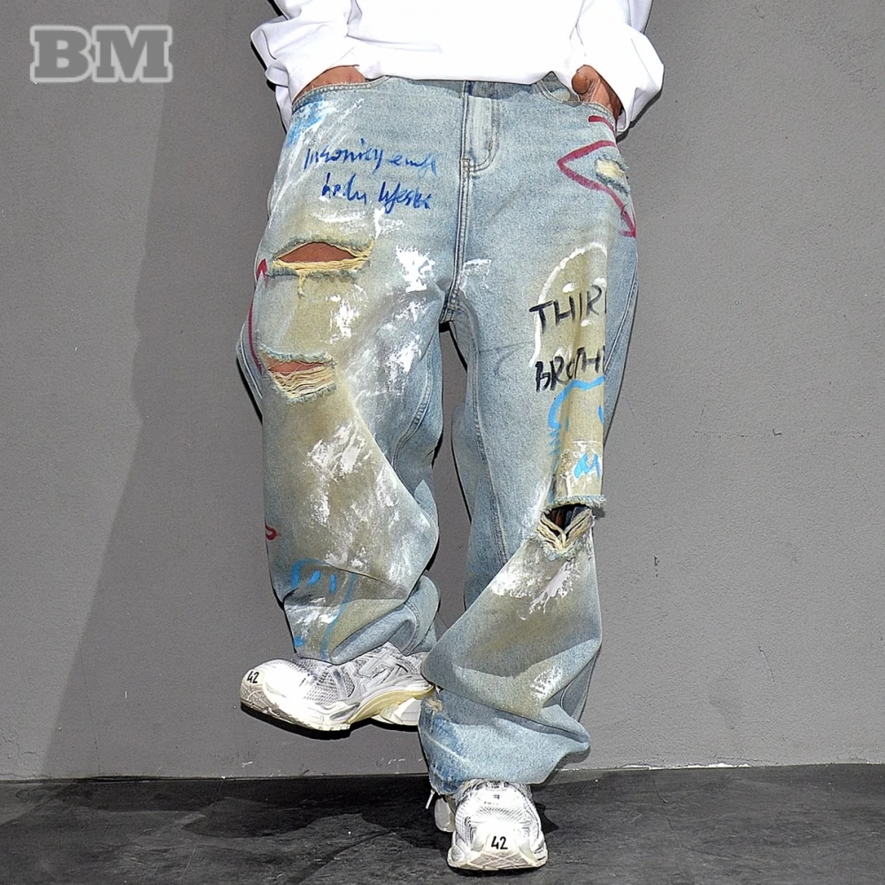 

High Street хип-хоп граффити мешковатые рваные джинсы для мужчин уличная одежда скейтборд потертые джинсовые брюки корейские модные брюки мужские