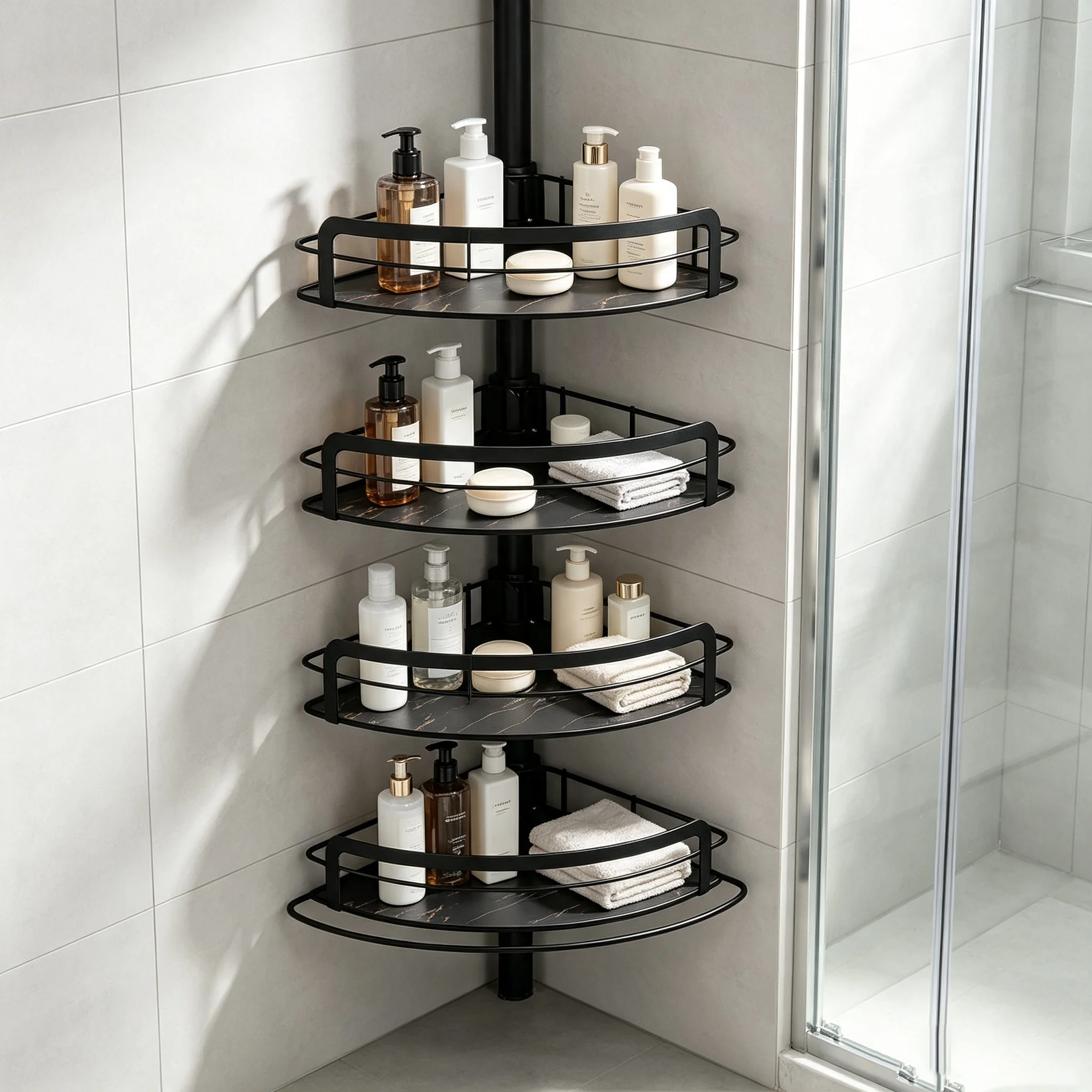 Metal Tension Pole Corner Shower Caddy 4 Tier Anti Tip Hooks Soap Tray Bathroom Shower Storage Rack Corner Shower Organizer