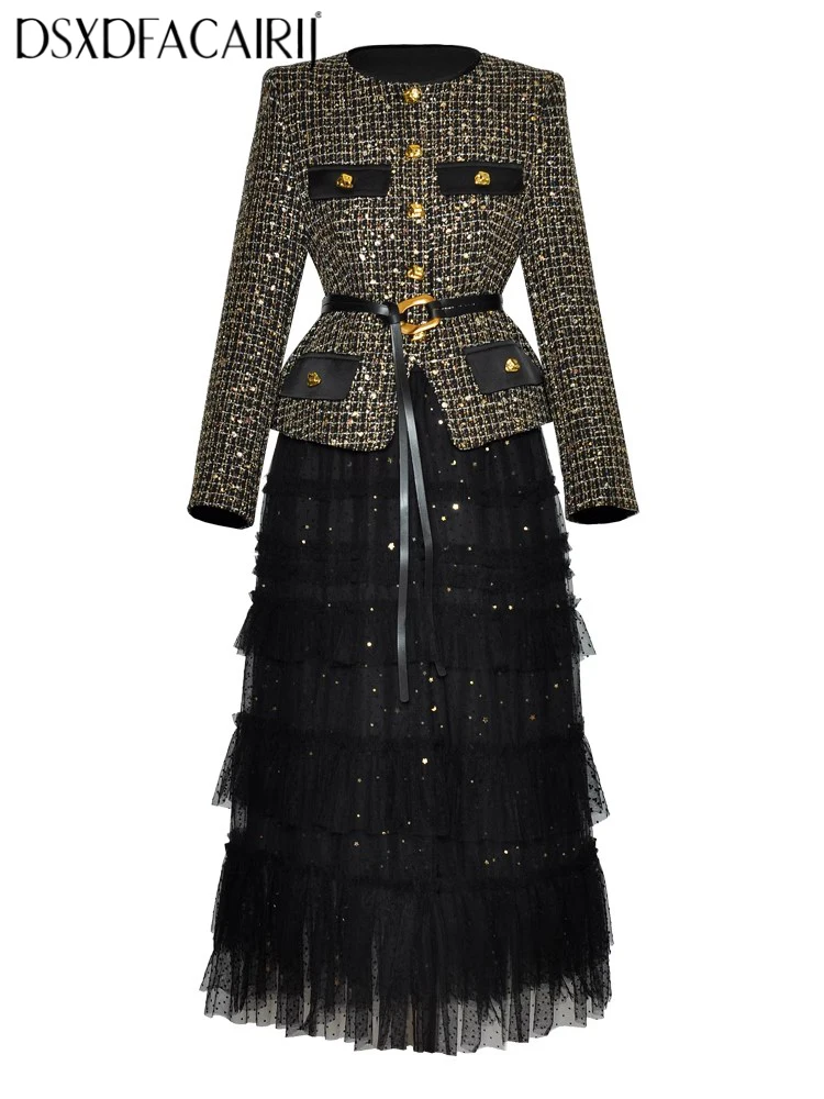 DSXDFACAIRIJ Women's Plaid Jacket And Mesh Ruffle Skirt Two Piece Set O-Neck Long Sleeve Sashes Elastic Waist Office Lady Outfit