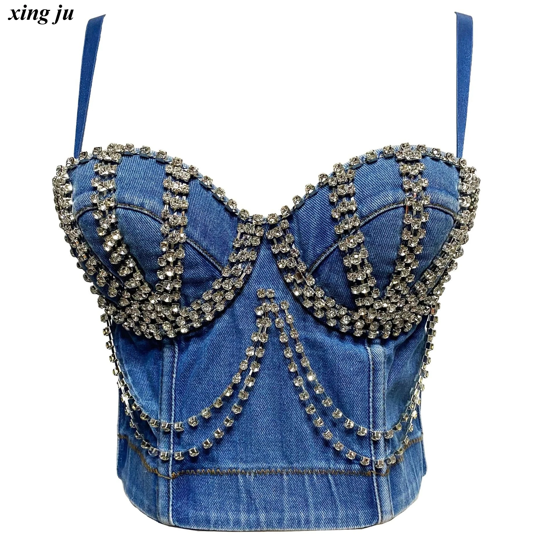 Xing Ju Zanger Nachtclub Podium Diamant Slanke Tops Vrouwen Jazzdans Sexy Backless Denim Sling Vest Vrouwen Party Prestaties Slijtage