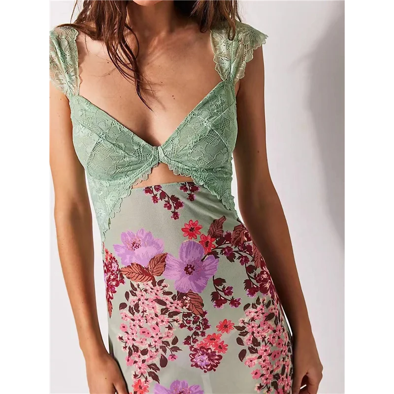 CYL-Women Lace Patchwork Mesh Maxi Dress Floral Print Cutout Sweetheart Neck Backless Slit Summer Y2K Long Dresses