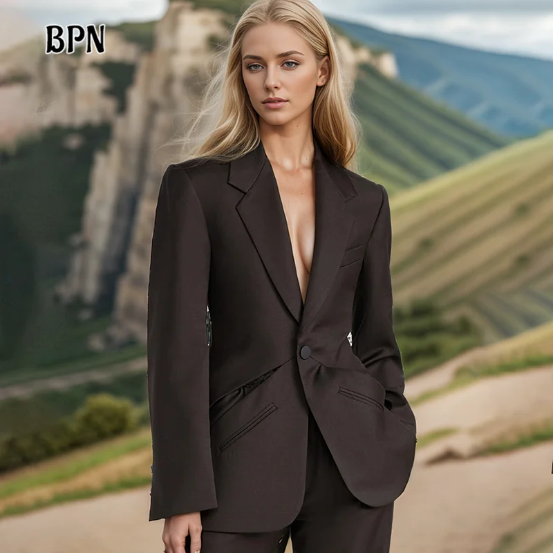 

BPN Temperament Soild Blazers For Women Notched Collar Long Sleeve Hollow Out Spliced Single Button Vintage Blazer Female Style