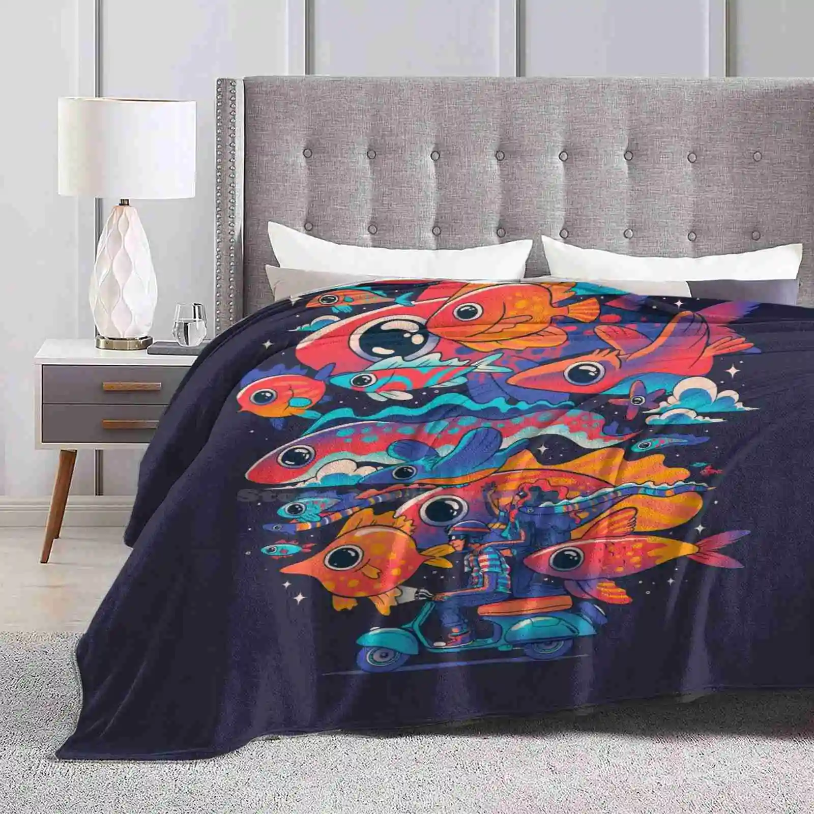 Let'S Get Lost Hot Sale Printing High Qiality Warm Flannel Blanket Fishes Magic Travel Surrealism Colors Optimistic Imagination