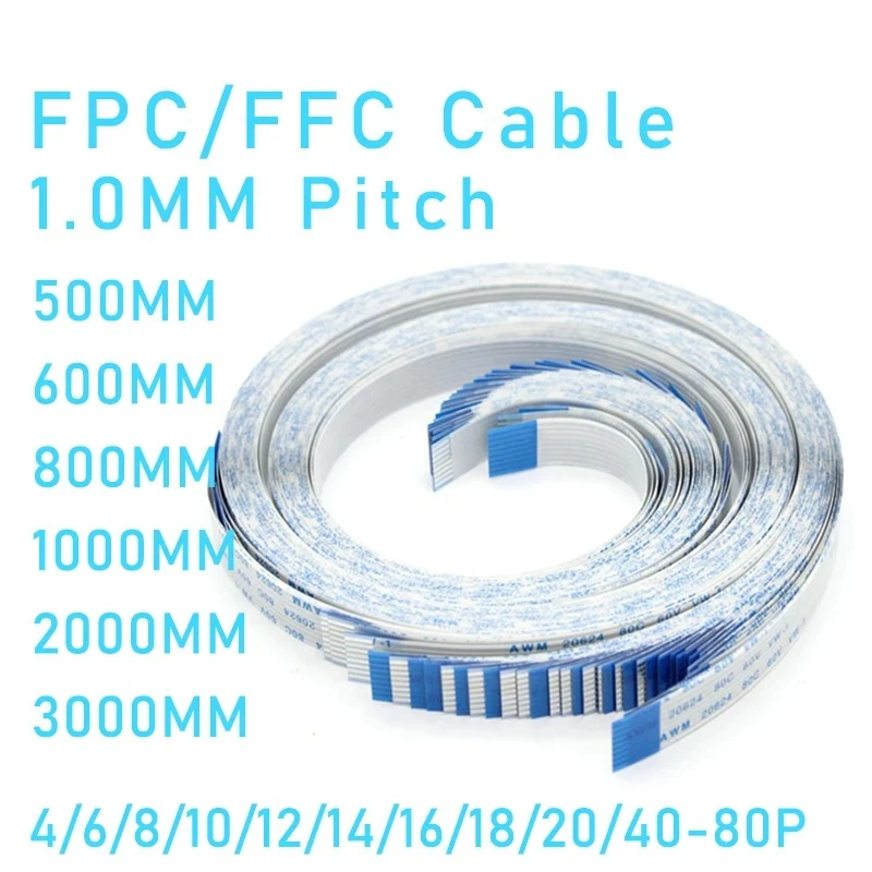 2 Cables Flexibles Planos FPC FFC, Paso de 4/5/6/8/10/12/14/16/18/20/30/40, 0.5MM 1.0MM, 500MM/600MM/800MM/1000MM/2000MM/3000MM