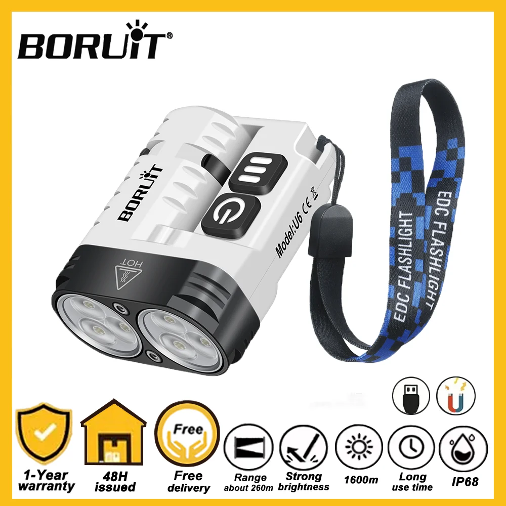 

BORUiT U6 LED Flashlight Keychain With Magnet 1600LM USB-C Rechargeable IP68 Waterproof Camping Fishing Torch EDC Emergency Lamp