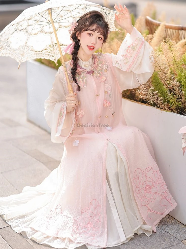 2025 chinese improved hanfu ming dynasty women improved stand collar long sleeve shirt cloud shoulder embroidery hanfu set b77