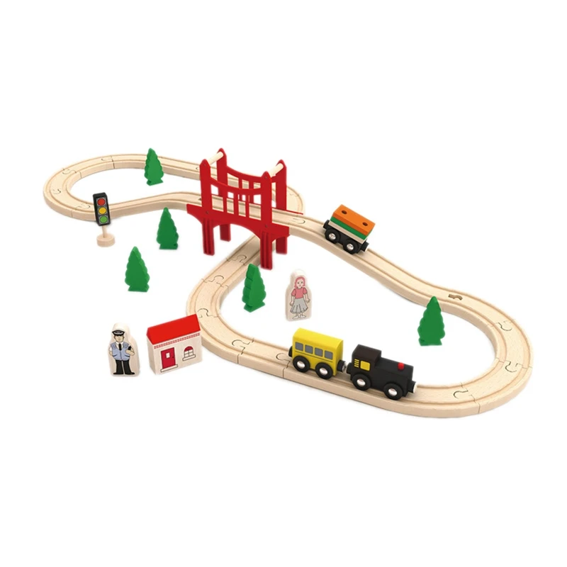 37 Piece Wooden Track & Train Pack Fits Kids Friendly Building & Construction Toy Train Car Toys For Kids Girls & Boys