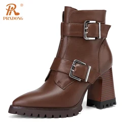 Stivaletti da donna in vera pelle di marca PRXDONG nuovo 2023 autunno inverno scarpe calde Chunky tacchi alti Platform Dress Party 34-40