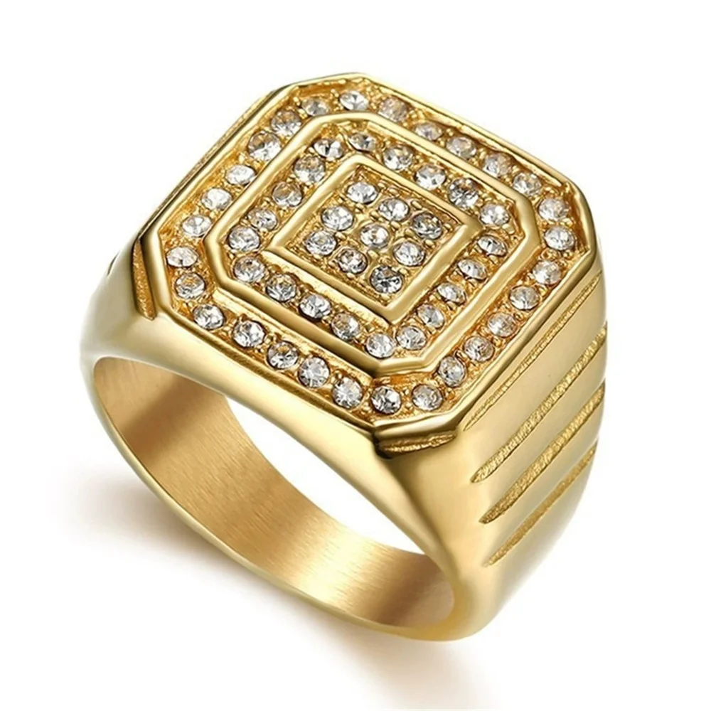 

Hip Hop Men's Iced Out Watchband Square Rings Male Gold Color Stainless Steel Cubic Zircon Big Cool Ring for Men Party Jewelry