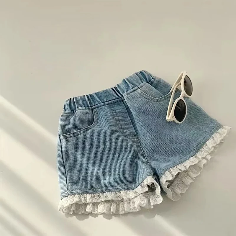 

New Girls' Shorts 4-10 Year Old Brief Style Denim Cute and Sweet Lace Lace Lace Girls' Denim Children Elastic Shorts Blue