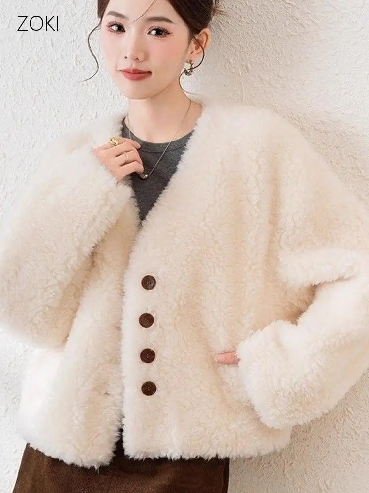Faux Lamb Sweet Coat Women Fashion V Neck Long Sleeve Elegant Jacket Winter Warm Female Chic Cute Single Buttons Outwear Top New