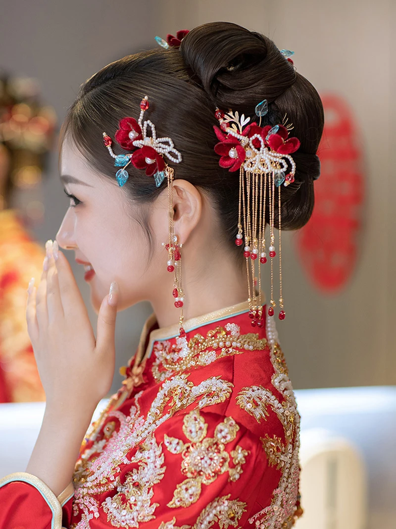 Himstory Chinese Classical Vintage Red Flower Wedding Hairpins Set Head Accessories for Bridal