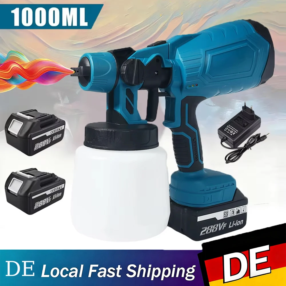Image of 1000ML Elektrische Spritzpistole HVLP Farbsprühgerät Auto-Stahlbeschichtung Airbrush Kabelloses Farbsprühgerät für Makita 18V Akku