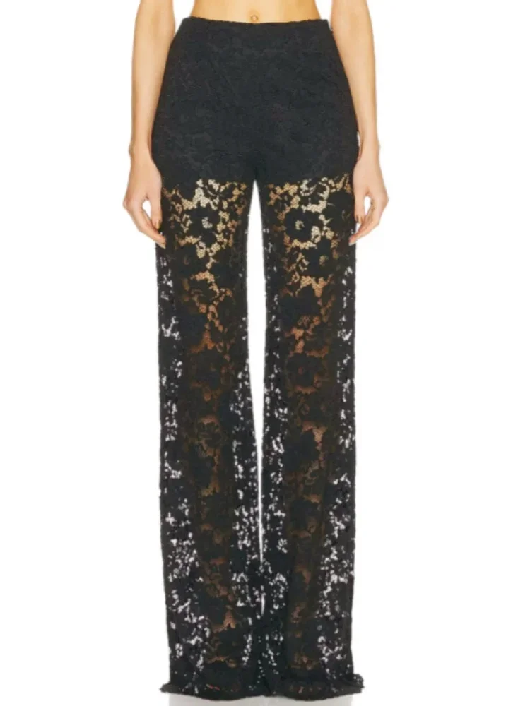 

Women Lace Flare Pants See Through High Waist Bell Bottoms Long Trousers for Daily Party