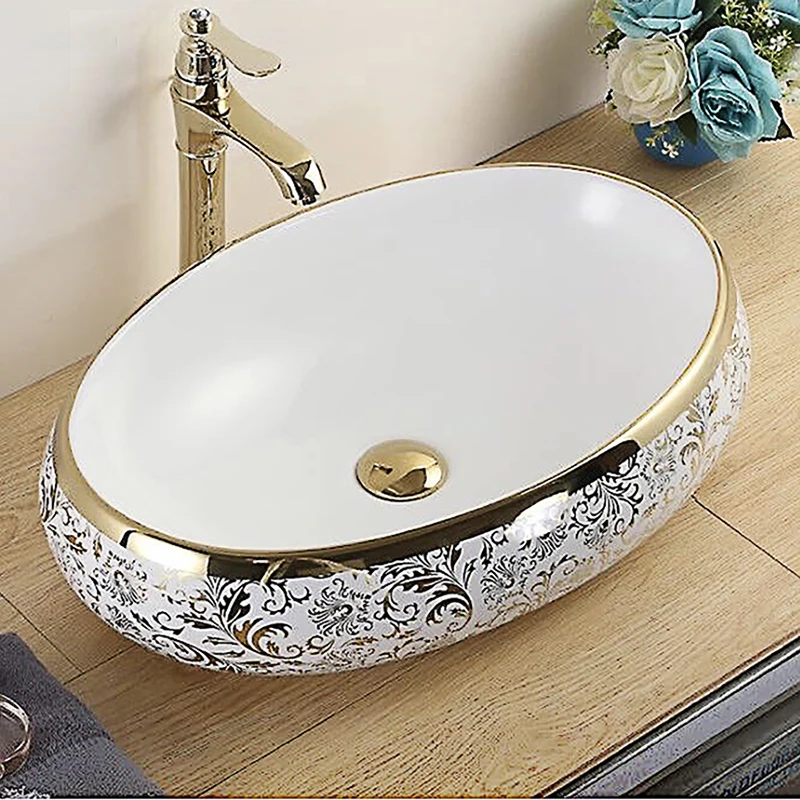 Electroplate gold sink oval color flower countertop basin art ceramic hand wash basin bathroom vanity