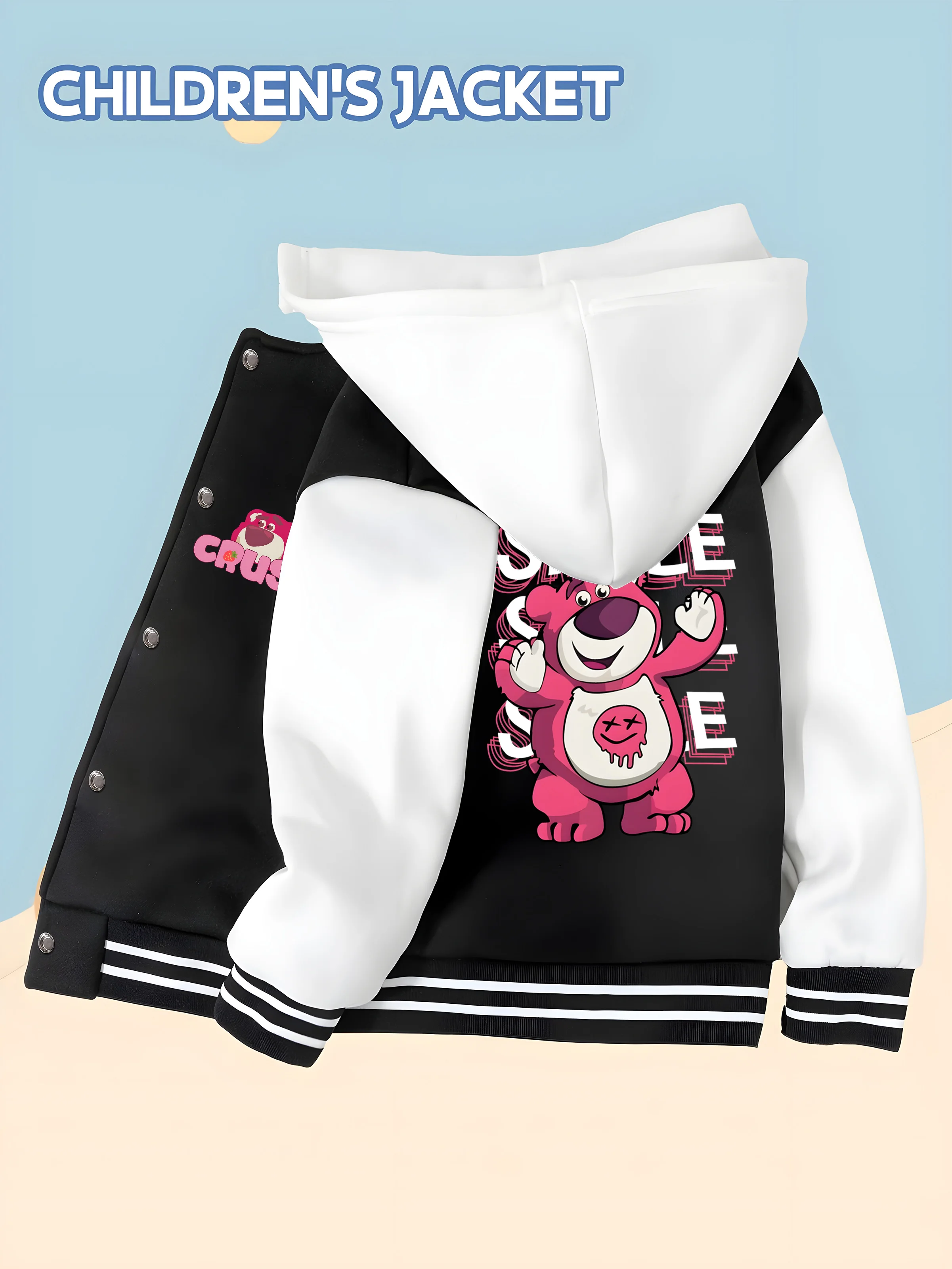 

MINISO Disney Boys' Baseball Jacket - Strawberry Bear "SMILE" Print, double-sided cute print, perfect for childhood wear.