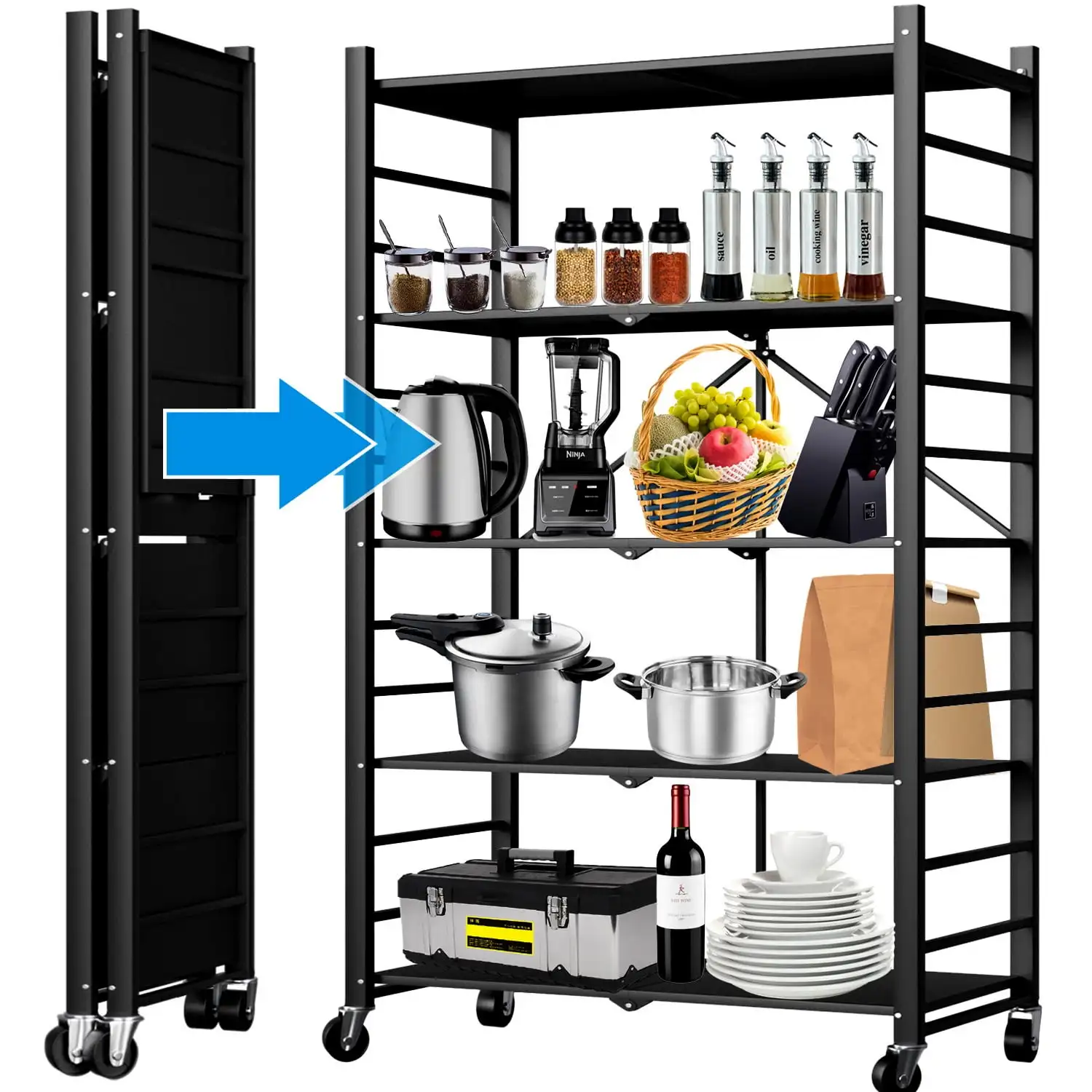 

5 Tier Foldable Metal Shelving Unit 50.4"W X 16.2"D X 4.4"H Holds Up To 250 Lbs Capacity Black Large Space Storage