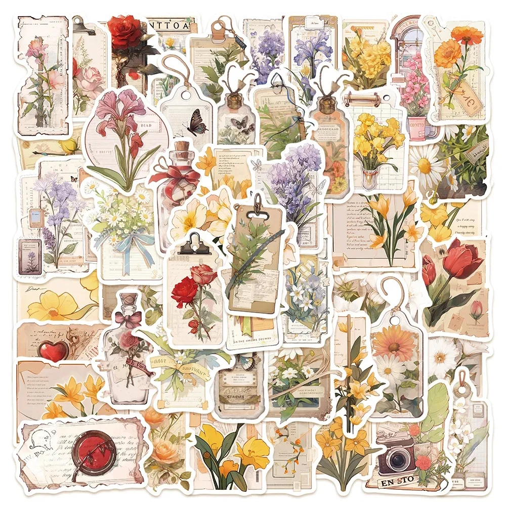 10/30/50PCS Retro Newspaper Flowers Aesthetic Stickers Graffiti Album Diary Notebook Scrapbooking Cute Pretty Decoration Decals