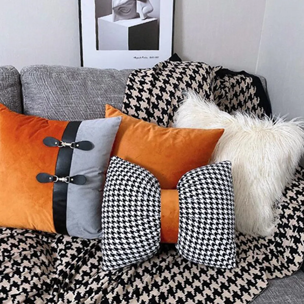 Luxury Modern Orange Brown Cushion Covers Houndstooth Plaid Patchwork Throw Pillow Cases For Bedroom Living Room Cars Cushion