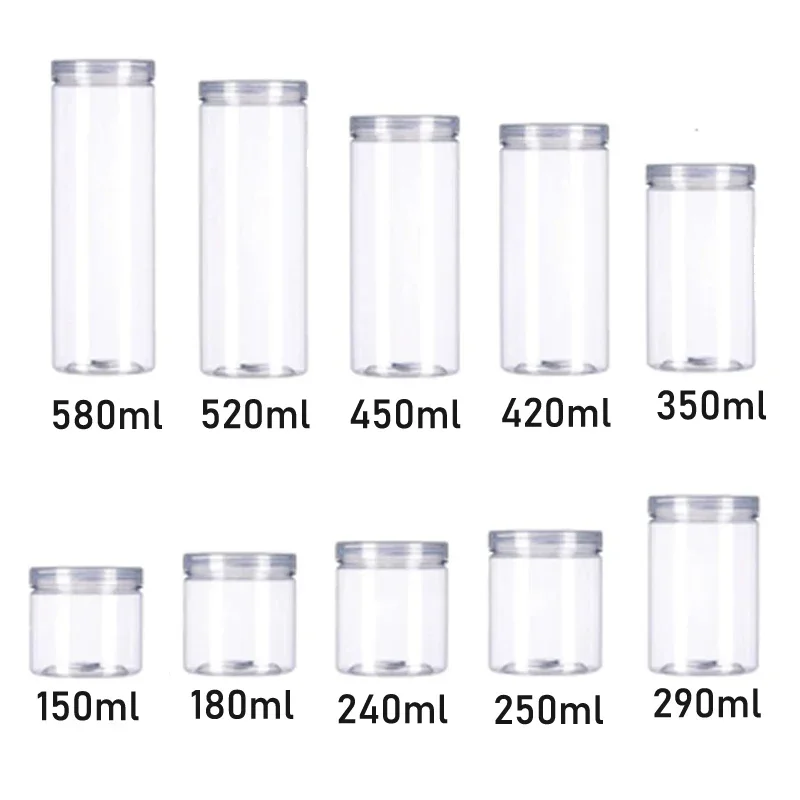 10Pcs 150-580ml Clear Straight Cylinders Jar Refillable Plastic Jars W/ Aluminum Lids Containers for Dry cargo Candy Jams Store