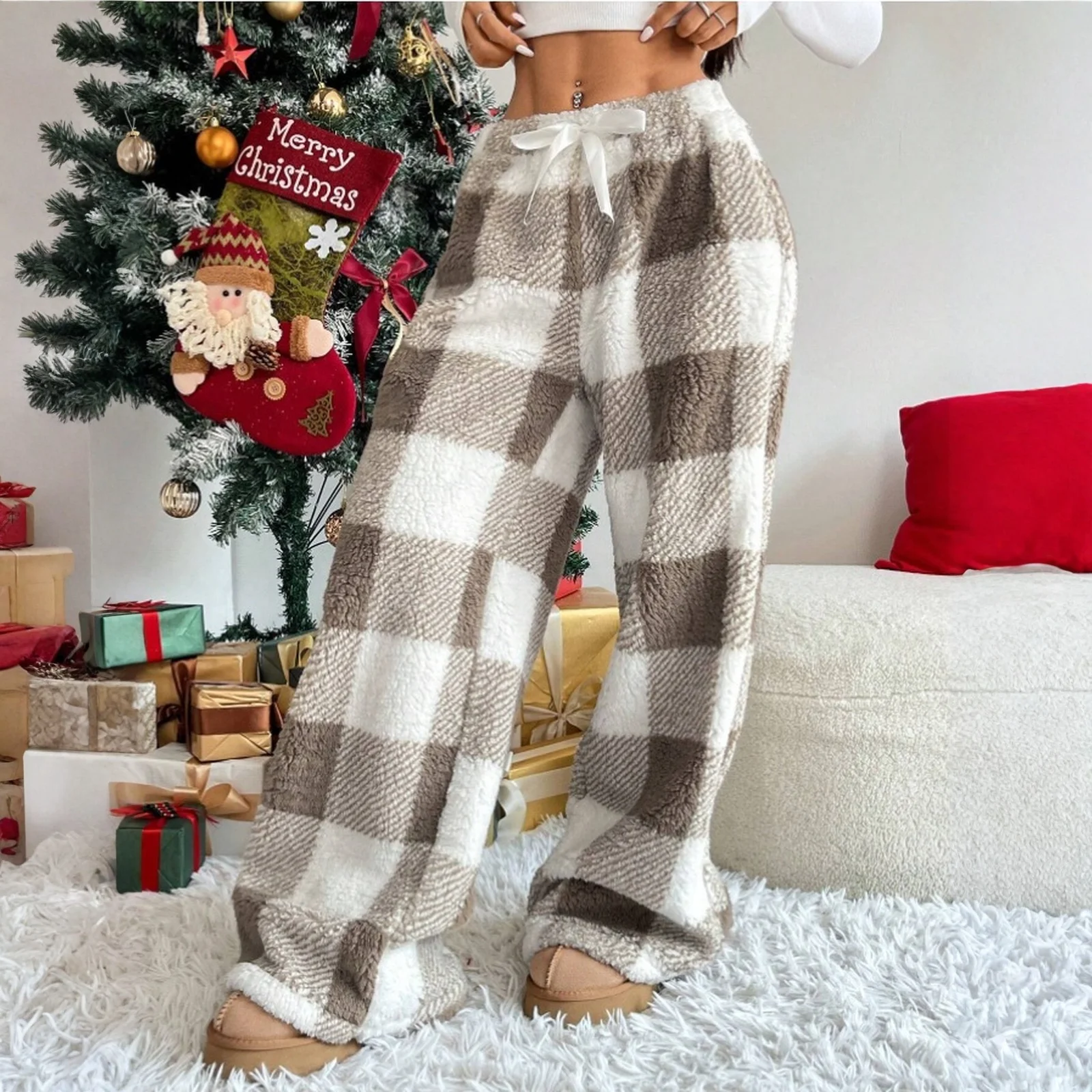 

Women's Fashionable Fall and Winter Thicken Loose Elastic Drawstring Plush Checked Long Pants Comforable Casual Trousers
