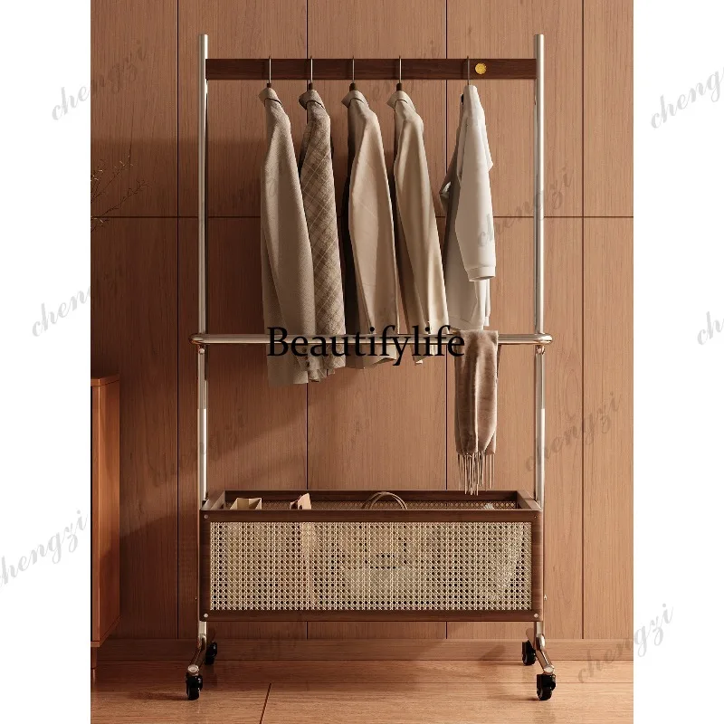 Solid wood hanging clothes floor-to-ceiling bedroom living room drying rack integrated storage medieval mobile coat rack