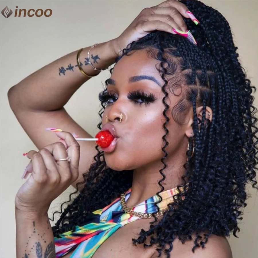 Synthetic Short Boho Braided Wigs Full Lace Wigs Cornrows Knotless Box Braids With Curly Hair End For Black Women With Baby Hair