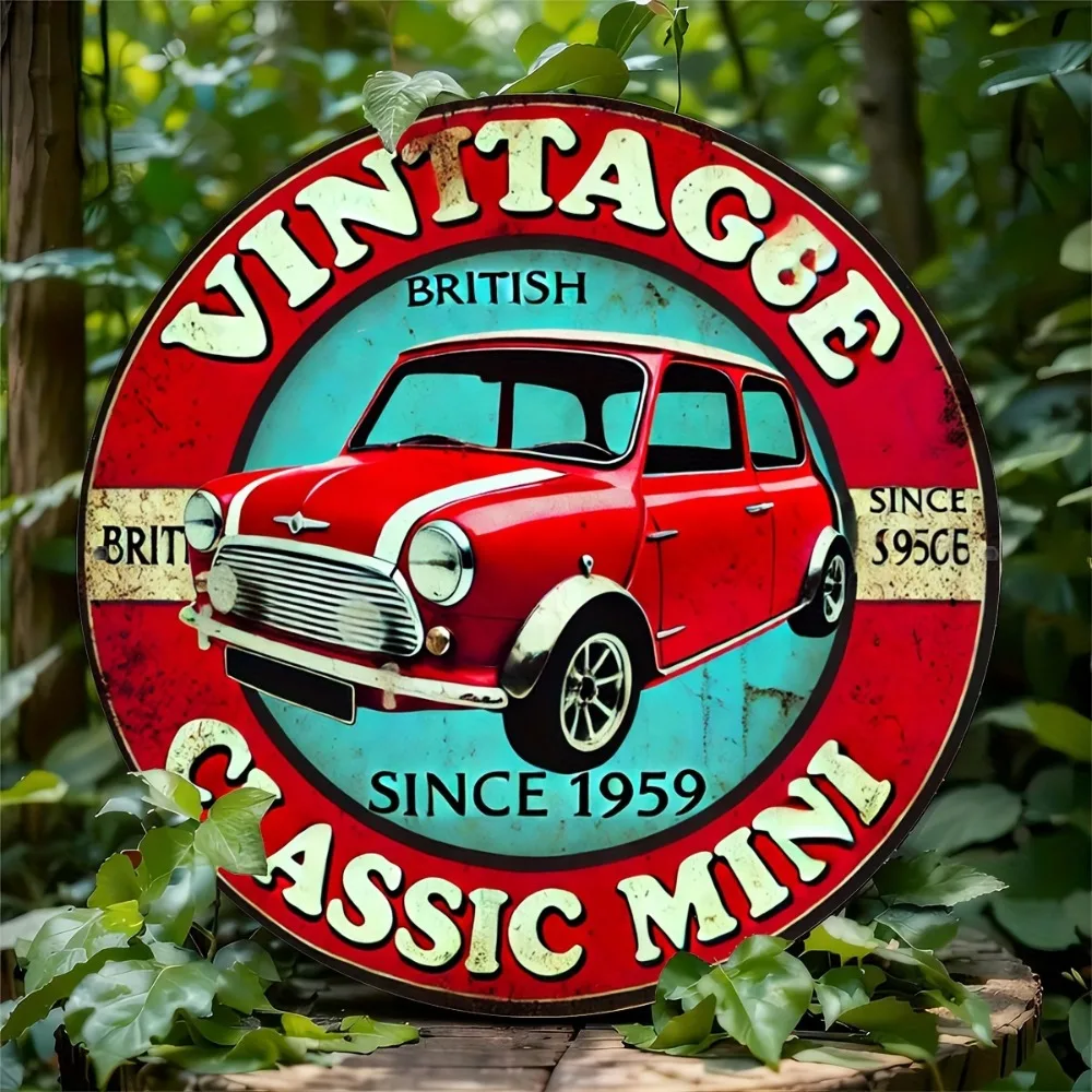 Vintage British Classic Mini Cooper Metallblechschild – 20,3 x 20,3 cm, rostbeständige Aluminium-Wandkunst für Zuhause, Garage, Bar, Café, Dekoration