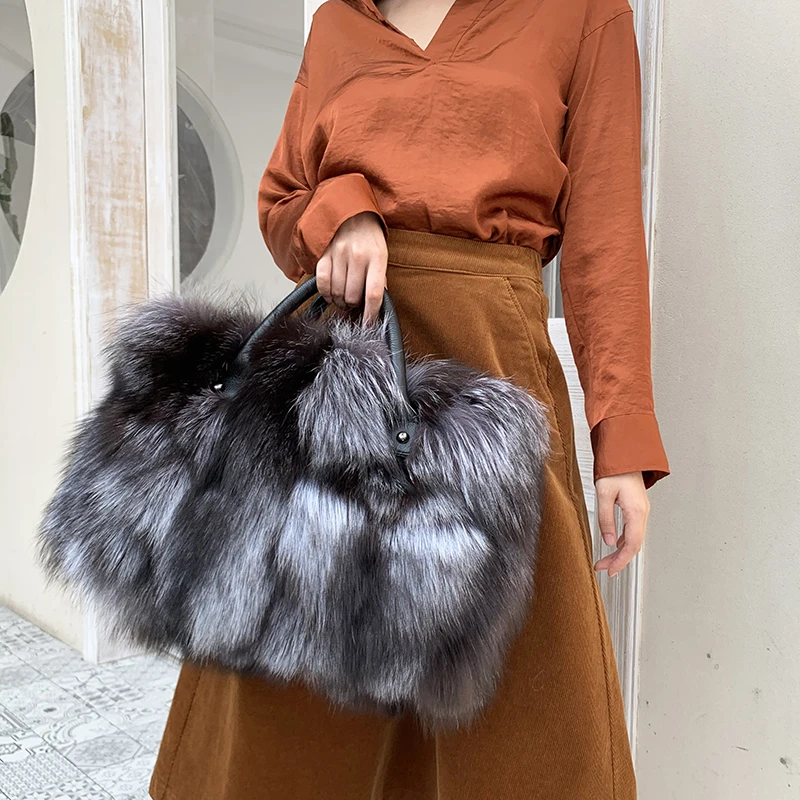 2023 New Women Silver Fox Fur Handbags Genuine Cowhide Hard Handle Big Handbag Full-pelt Red Fox Fur Large Shoulder Bag