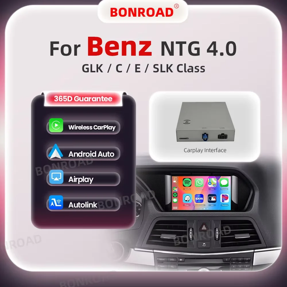 BONROAD Wireless CarPlay Android Auto Decoder Box Car Multimedia Retrofit Interface Fit Mercedes Benz  GLK E C SLK Class NTG 4.0 Original Head Unit Support Wireless AirPlay Mirror Link Bluetooth GPS Upgrade Decoding Adapter